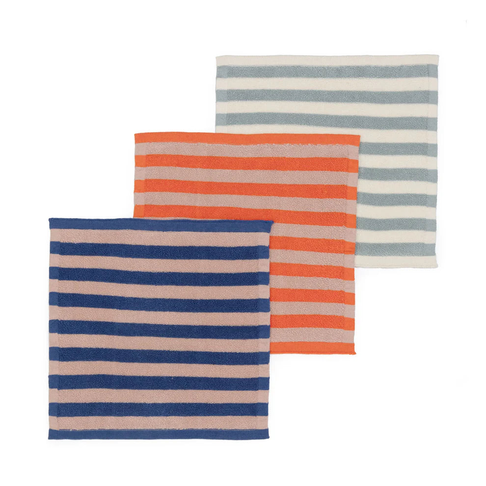 Reusable striped terry wash cloths - set van 3 - Cobalt/Aqua/Orange | Sophie Home - de inKijk