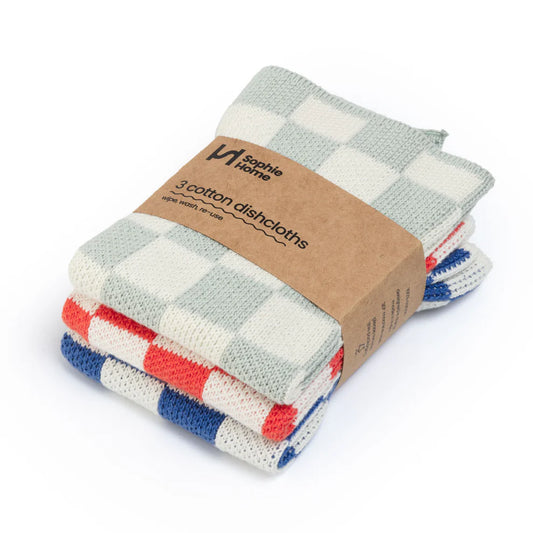 Reusable dish cloths - set van 3 - Aqua/Tomato/Cobalt check | Sophie Home - de inKijk