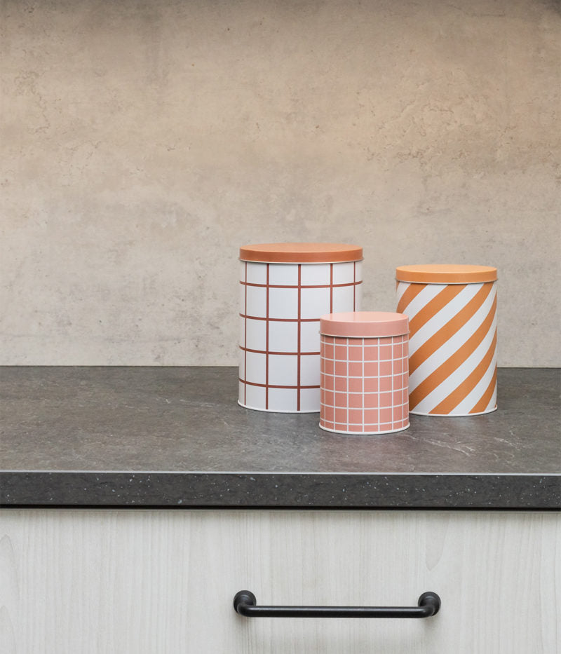 Checks & Stripes tin jar - set of 3 - pink, ochre, brown | Muurla