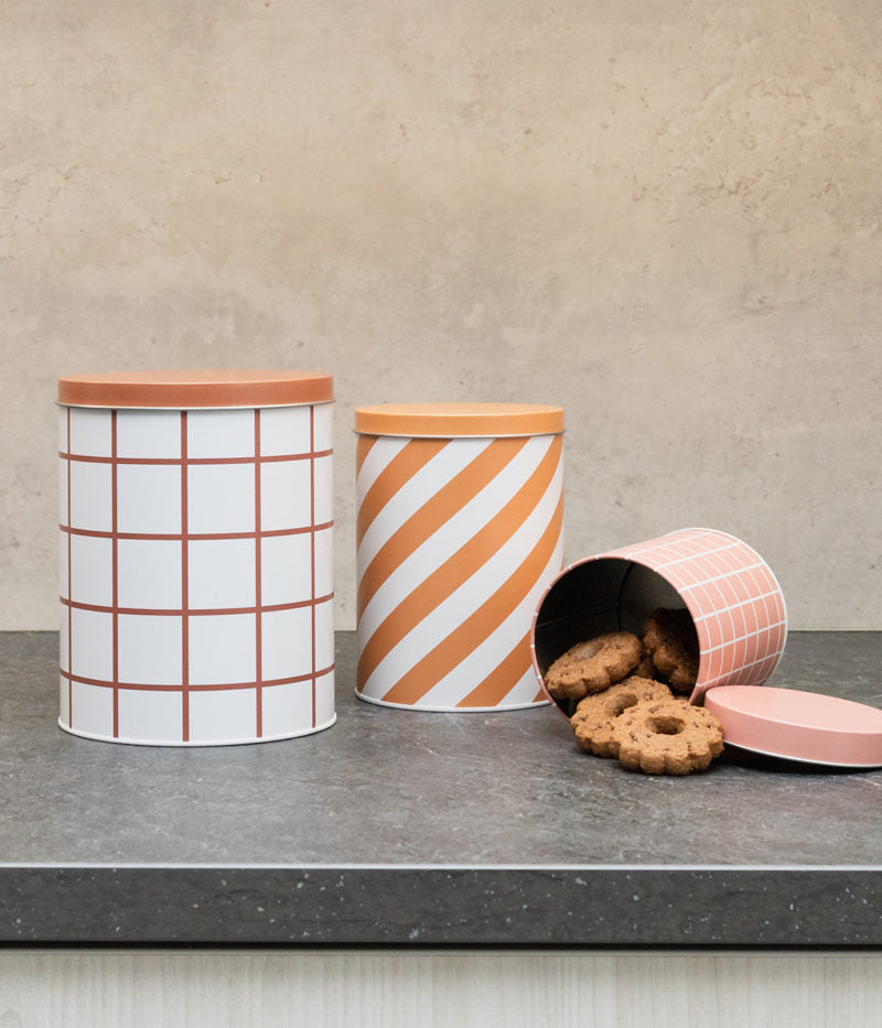 Checks & Stripes tin jar - set of 3 - pink, ochre, brown | Muurla