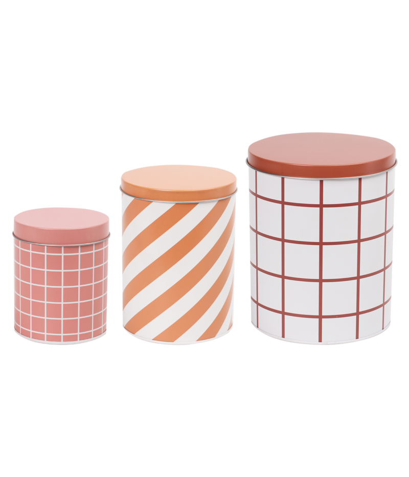 Checks & Stripes tin jar - set of 3 - pink, ochre, brown | Muurla