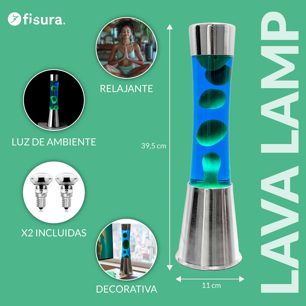 Green lava lamp - chrome base - blue liquid - 40 cm | Fisura