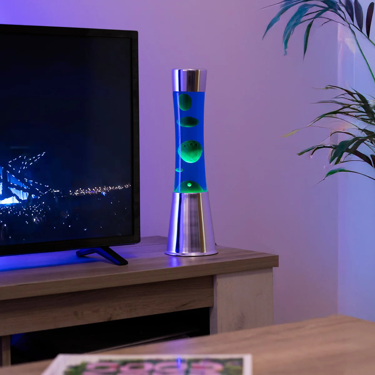 Green lava lamp - chrome base - blue liquid - 40 cm | Fisura